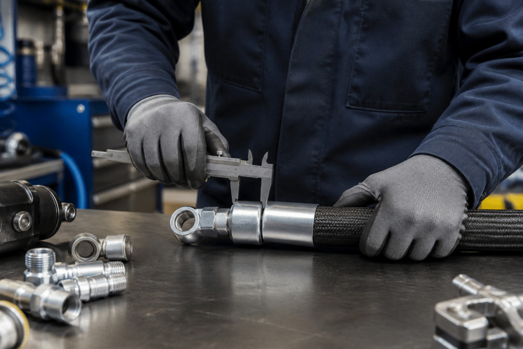 Technician measuring a custom hydraulic hose assembly
